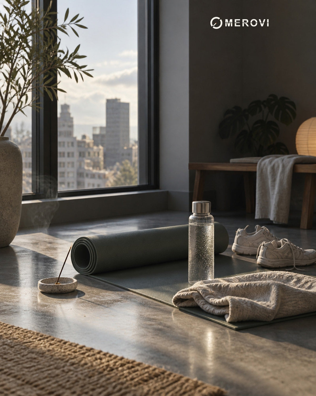 Folded towel and water in soft natural light, representing calm after movement