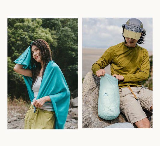 Two unaltered Naturehike supplier photographs arranged side by side: Lake Green towel and Creek Blue 9L drawstring gear pouch, sold as a MEROVI-curated set.