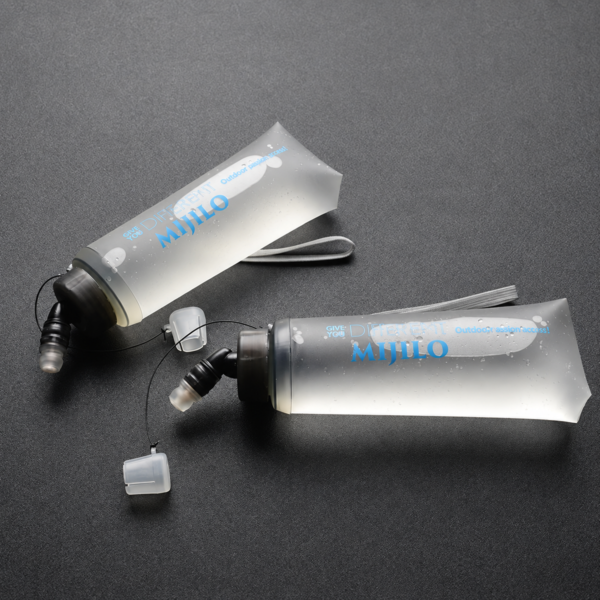 Two MIJILO transparent blue 420 ml running soft flasks with dust caps